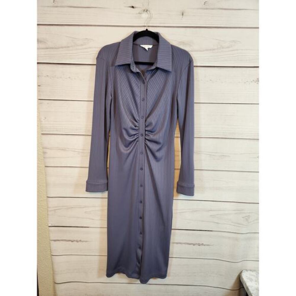 Win Win Women's Purple Long Sleeve Ruched Button Front Midi Shirtdress Large